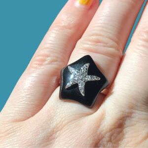 Stamped 925 sterling silver ring w/ black star & rhinestones onyx? sz 6.5